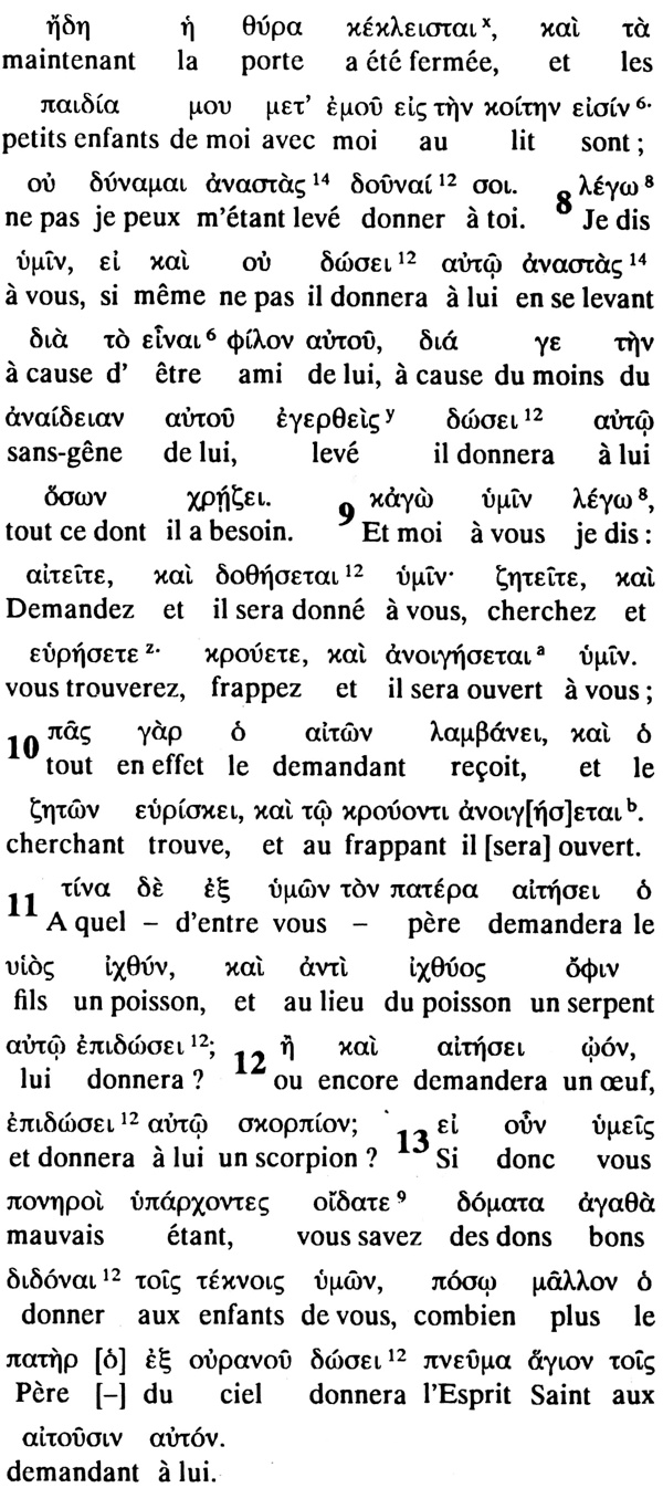 interlinéaire grec français de Luc 11:8-13
